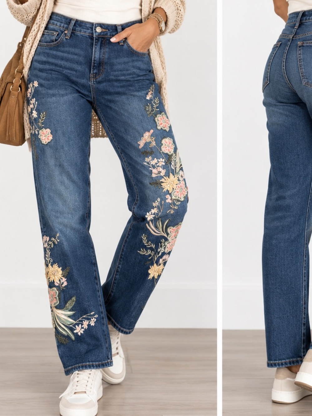 NEW CHICOS Embroidered Floral High-Rise Slim  leg Jeans - Blue